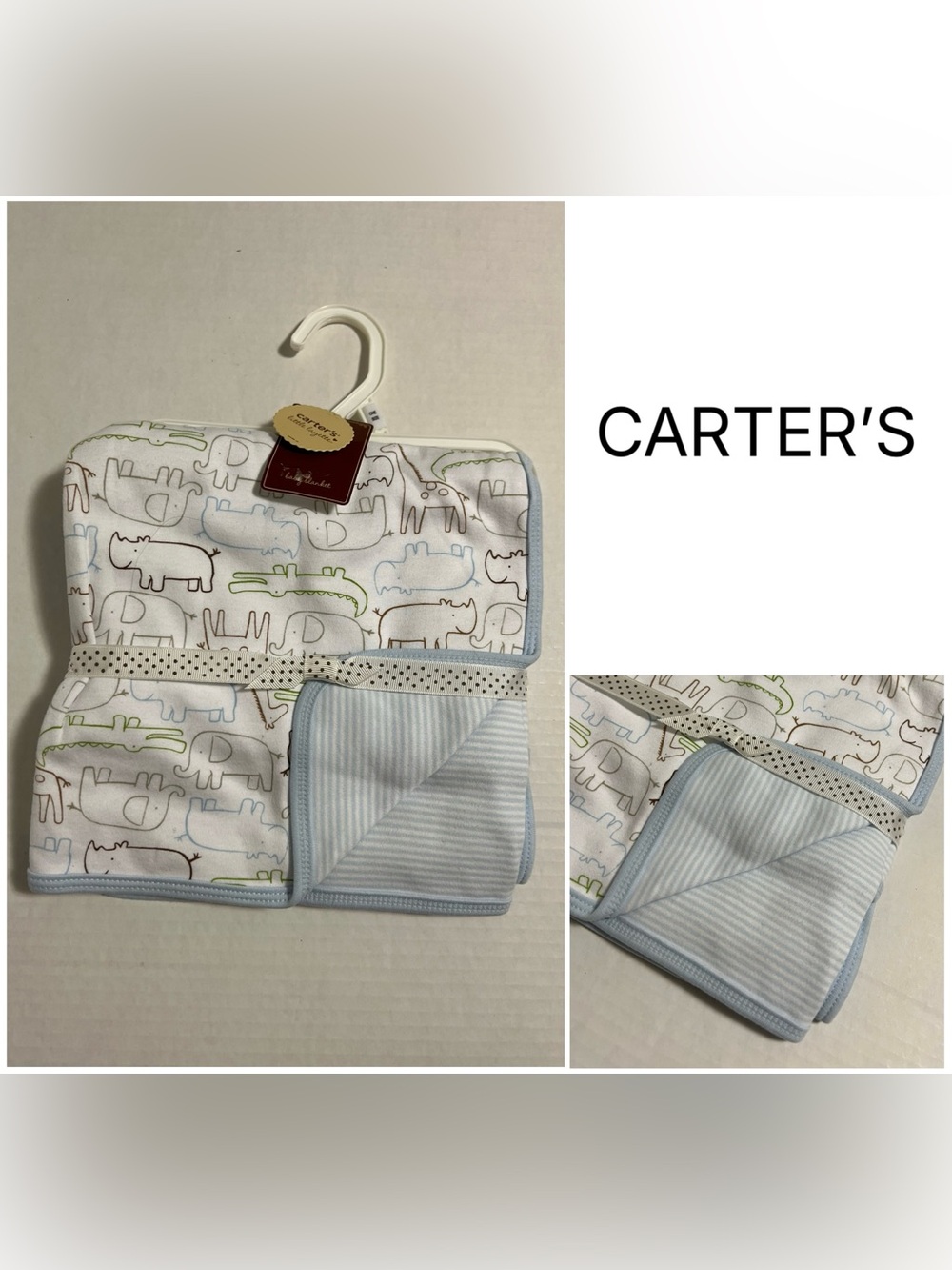 CARTER’S - NWT - 34”X28” - INFANT BOYS REVERSIBLE BLUE SAFARI ANIMALS BLANKET